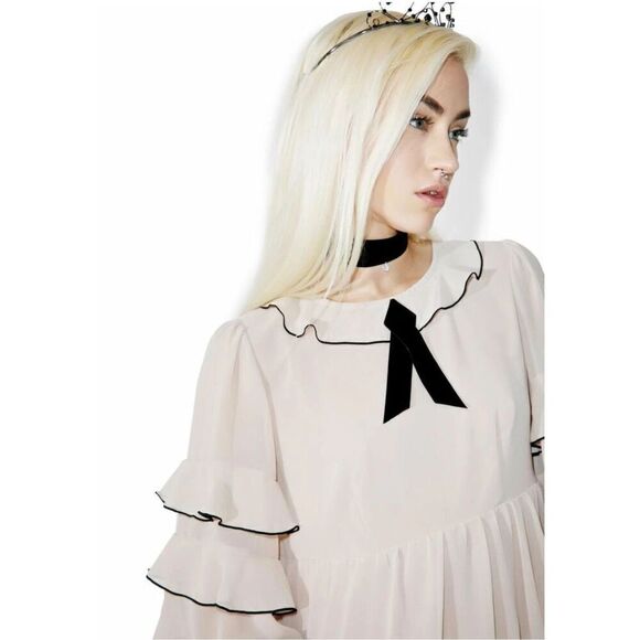 For Love & Lemons Souffle tiered ruffle dress pink/nude black Sz S Worn 1x - Picture 2 of 13